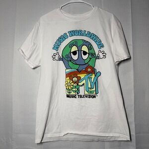 MTV Graphic T-Shirt Large White Music Worldwide Earth Print